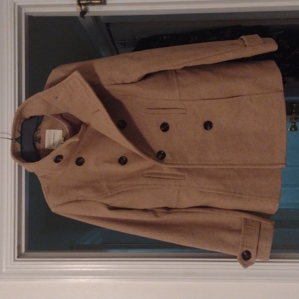Tan Peacoat with funnel neck